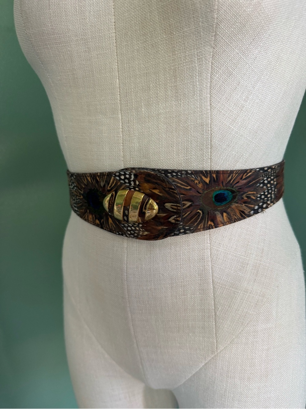 Vintage Lee Sands Peacock Feather Print Waist Belt with Gold Accent